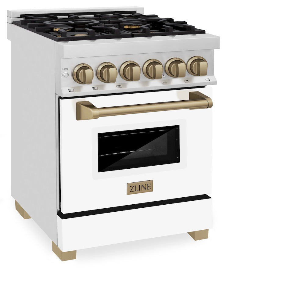 ZLINE Autograph Edition 24 in. 2.8 cu. ft. Legacy Dual Fuel Range with 4 Burner Gas Cooktop and Electric Convection Oven in Stainless Steel with White Matte Door and Champagne Bronze Accents, Open Box-Excellent Condition