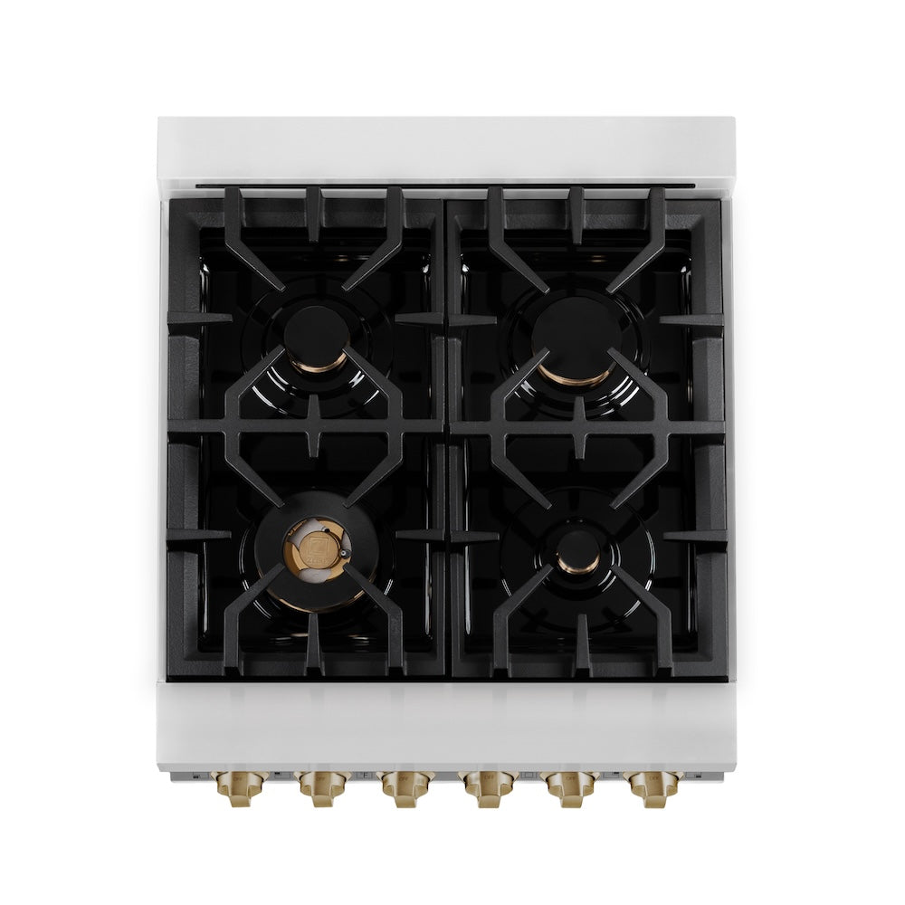 ZLINE Autograph Edition 24 in. 2.8 cu. ft. Legacy Dual Fuel Range with 4 Burner Gas Cooktop and Electric Convection Oven in Stainless Steel with White Matte Door and Champagne Bronze Accents, Open Box-Excellent Condition