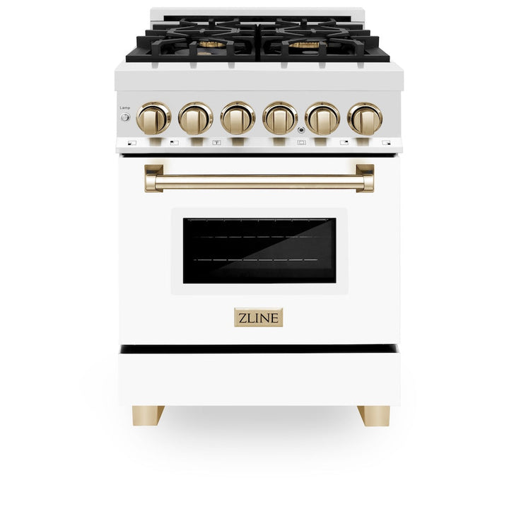 ZLINE Autograph Edition 24 in. 2.8 cu. ft. Legacy Dual Fuel Range with 4 Burner Gas Cooktop and Electric Convection Oven in Stainless Steel with White Matte Door and Polished Gold Accents, Open Box-Excellent Condition