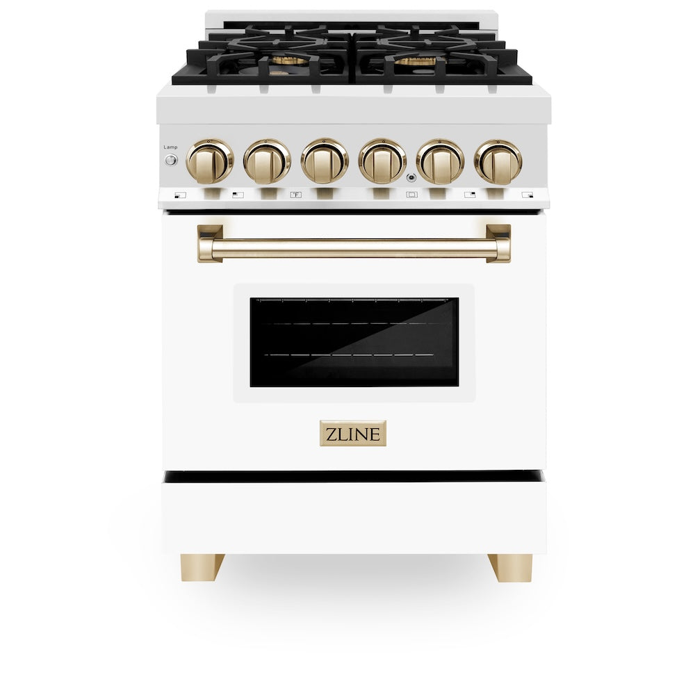 ZLINE Autograph Edition 24 in. 2.8 cu. ft. Legacy Dual Fuel Range with 4 Burner Gas Cooktop and Electric Convection Oven in Satin Stainless Steel with White Matte Door and Polished Gold Accents, Open Box-Excellent Condition