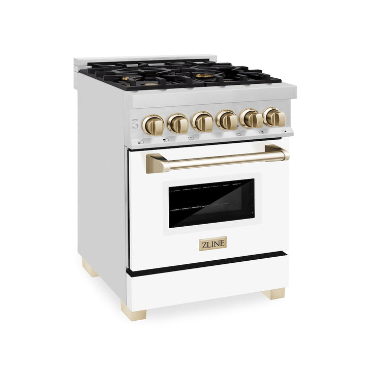 ZLINE Autograph Edition 24 in. 2.8 cu. ft. Legacy Dual Fuel Range with 4 Burner Gas Cooktop and Electric Convection Oven in Stainless Steel with White Matte Door and Polished Gold Accents, Open Box-Excellent Condition