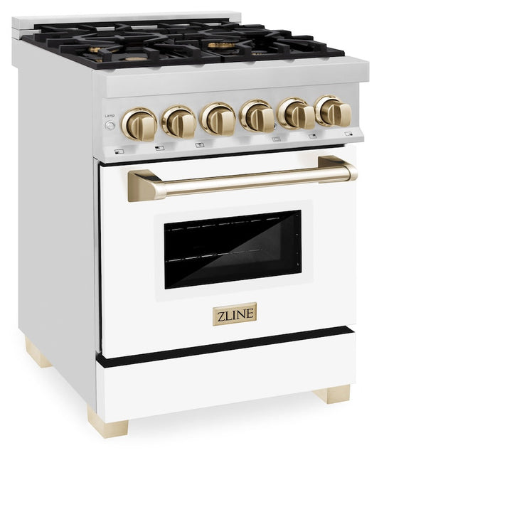 ZLINE Autograph Edition 24 in. 2.8 cu. ft. Legacy Dual Fuel Range with 4 Burner Gas Cooktop and Electric Convection Oven in Satin Stainless Steel with White Matte Door and Polished Gold Accents, Open Box-Excellent Condition