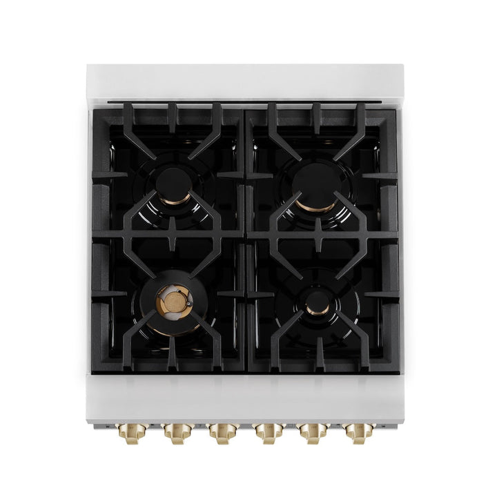 ZLINE Autograph Edition 24 in. 2.8 cu. ft. Legacy Dual Fuel Range with 4 Burner Gas Cooktop and Electric Convection Oven in Satin Stainless Steel with White Matte Door and Polished Gold Accents, Open Box-Excellent Condition