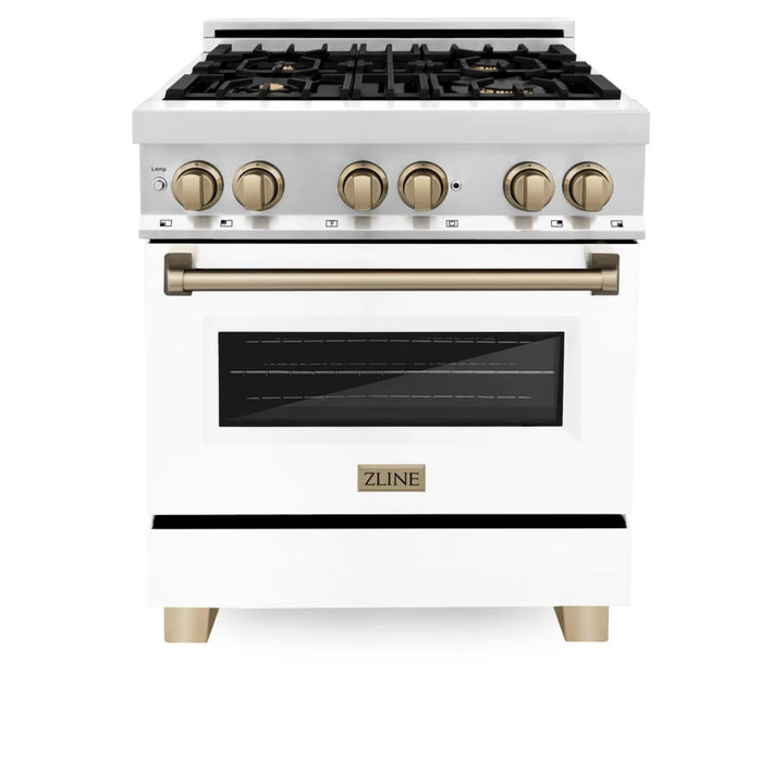 ZLINE Autograph Edition 24", 30", 36", 48", &amp; 60" Legacy Dual Fuel Range with White Matte Doors—Champagne Bronze, Polished Gold, and Matte Black Accents RAZ-WM Series.