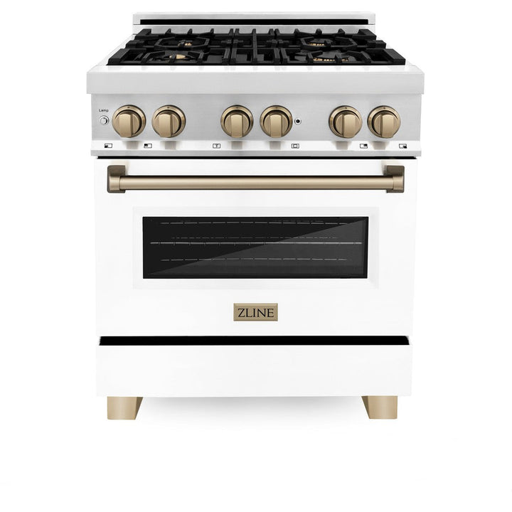 ZLINE Autograph Edition 30 in. 4.0 cu. ft. Legacy Dual Fuel Range with 4 Burner Gas Cooktop and Electric Convection Oven in Stainless Steel with White Matte Door and Champagne Bronze Accents (RAZ-WM-30-CB)