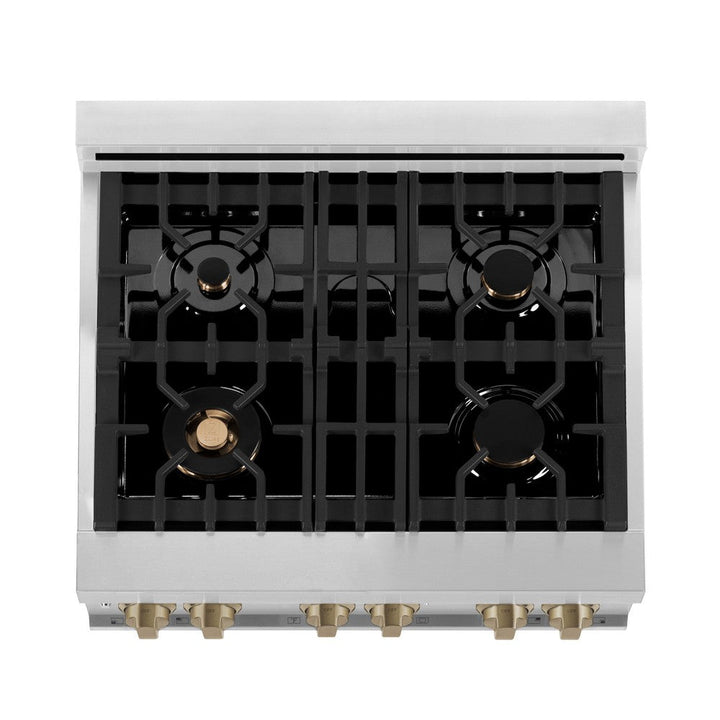 ZLINE Autograph Edition 30 in. 4.0 cu. ft. Legacy Dual Fuel Range with 4 Burner Gas Cooktop and Electric Convection Oven in Stainless Steel with White Matte Door and Champagne Bronze Accents (RAZ-WM-30-CB)