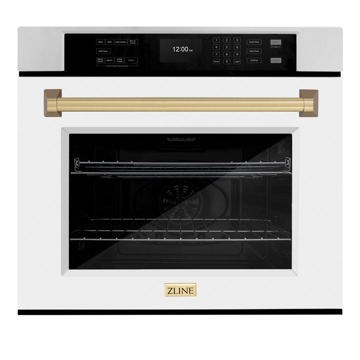 ZLINE 30" Autograph Single Wall Oven with Air Fry and Self-Clean in Stainless Steel with White Matte Door and Champagne Bronze Handle, WASZ-WM-30-CB