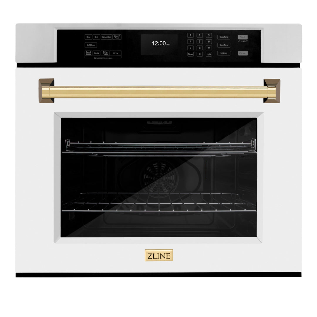 ZLINE 30" Autograph Single Wall Oven with Air Fry and Self-Clean in Stainless Steel with White Matte Door and Gold Handle, WASZ-WM-30-G