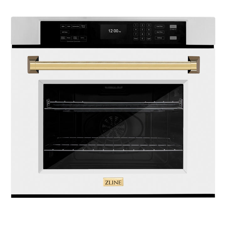 ZLINE 30" Autograph Single Wall Oven with Air Fry and Self-Clean in Stainless Steel with White Matte Door and Gold Handle, WASZ-WM-30-G