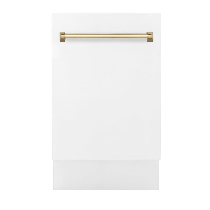 ZLINE Autograph Edition 18 in. Compact 3rd Rack Top Control Dishwasher in White Matte with Champagne Bronze Accent Handle, 51dBa (DWVZ-WM-18-CB)
