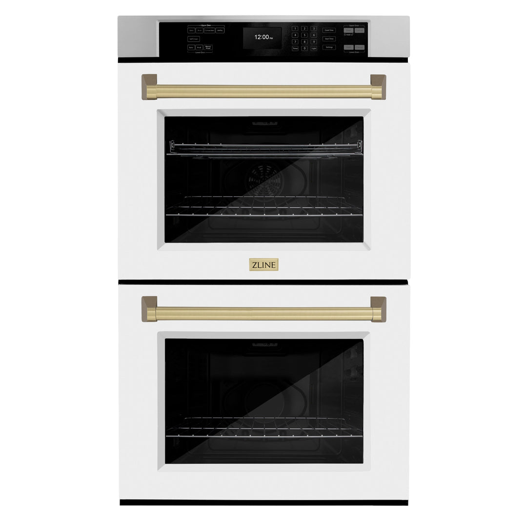 ZLINE 30" Autograph Double Wall Oven with Air Fry and Self-Clean in Stainless Steel with White Matte Door and Champagne Bronze Handle, WADZ-WM-30-CB