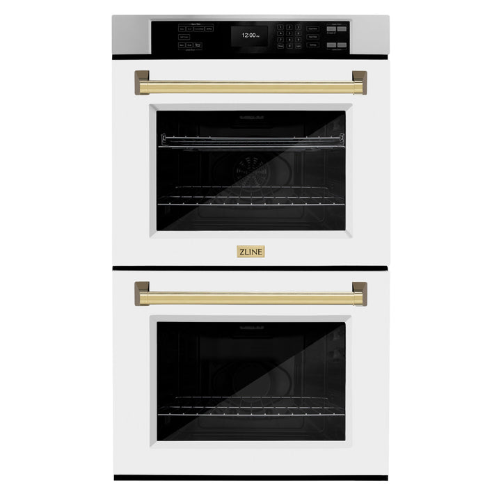 ZLINE 30" Autograph Double Wall Oven with Air Fry and Self-Clean in Stainless Steel with White Matte Door and Gold Handle, WADZ-WM-30-G