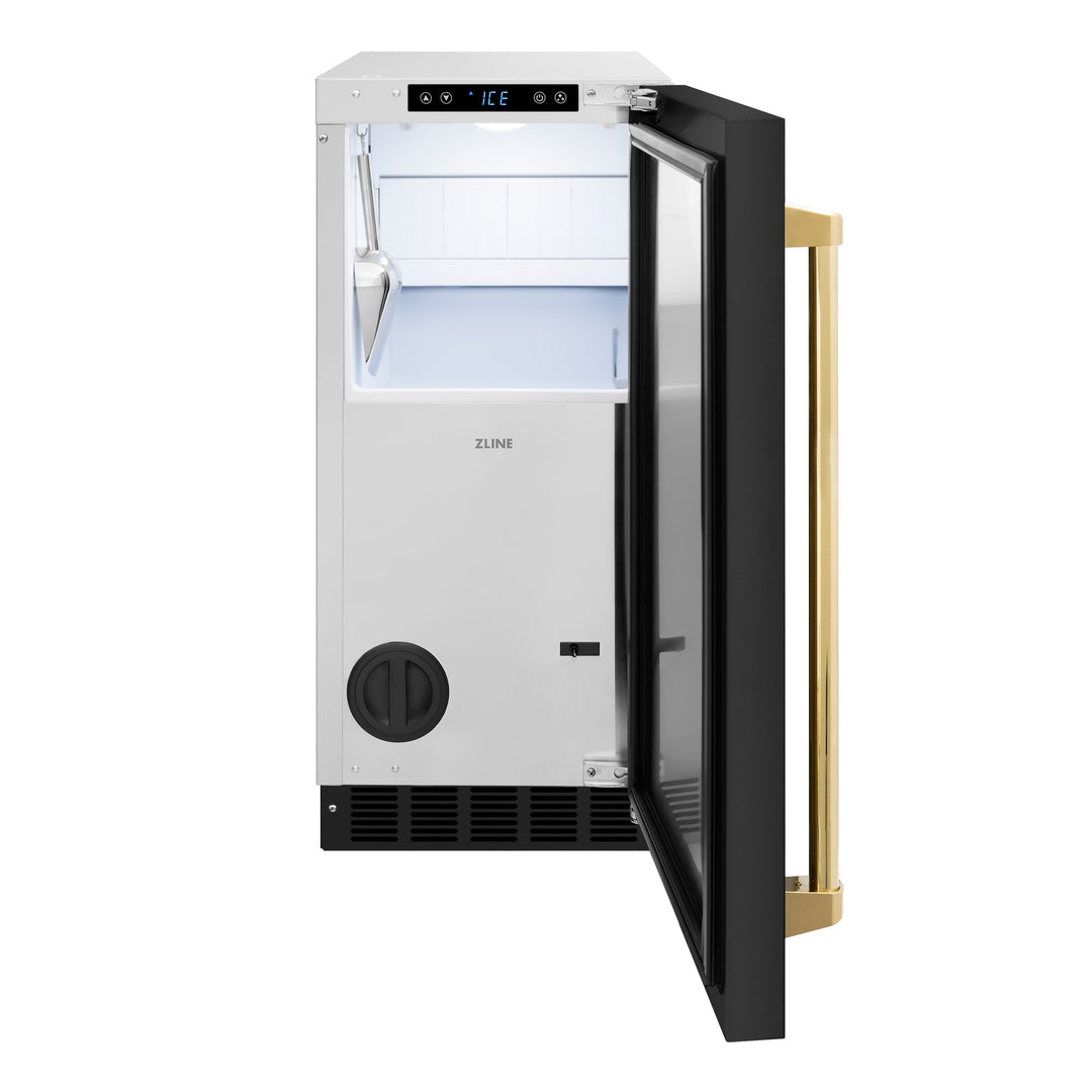 ZLINE Autograph Edition 15 in. Touchstone Gourmet Ice Maker with Drain Pump and Black Stainless Steel Door with Polished Gold Handle (IGMDZ-BS-15-G)