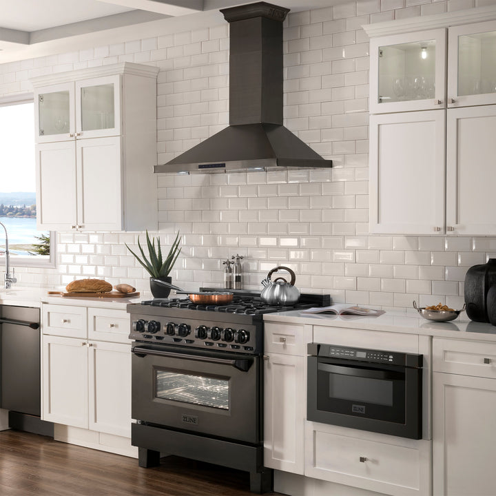 36" ZLINE CrownSound™Ducted Vent Wall Mount Range Hood in Black Stainless Steel with Built-in Bluetooth Speakers (BSKBNCRN-BT-36)