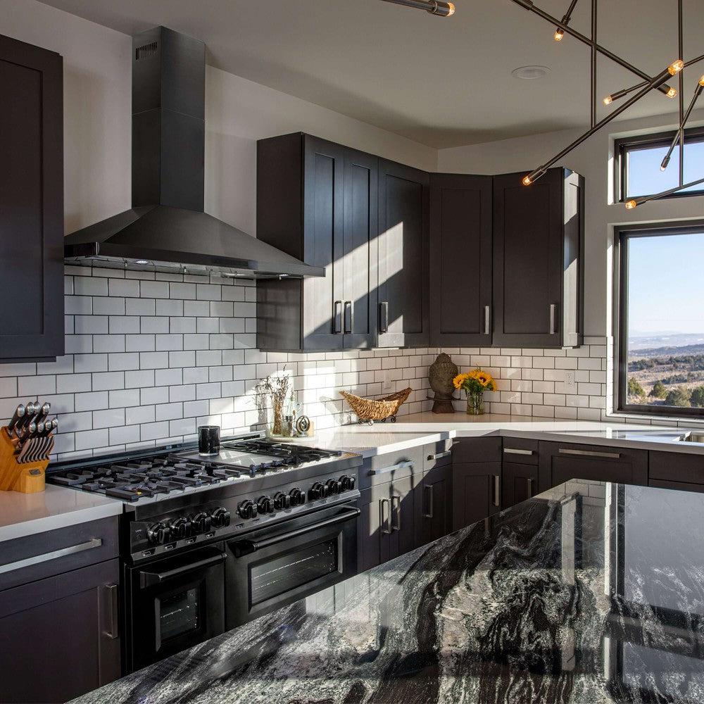 ZLINE Kitchen Package with Black Stainless Steel Refrigerator, 36 in. Dual Fuel Range, 36 in. Range Hood, Microwave Drawer, and 24 in. Tall Tub Dishwasher (5KPR-RABRH36-MWDWV)