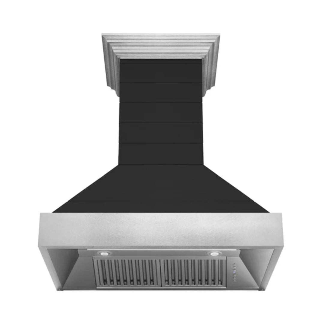 ZLINE 30" &amp; 36" Wooden Wall Mount Range Hoods in Rustic Shiplap Black Finish with Stainless Steel Accents