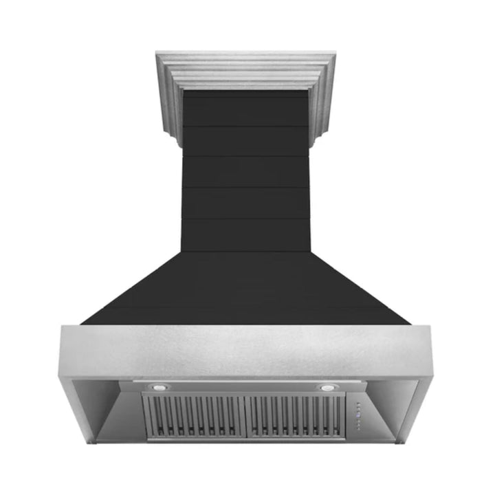 ZLINE 30" &amp; 36" Wooden Wall Mount Range Hoods in Rustic Shiplap Black Finish with Stainless Steel Accents