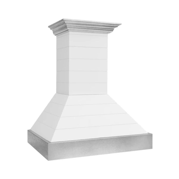 ZLINE 30" &amp; 36" Wooden Wall Mount Range Hoods in Rustic Shiplap Bright White with Stainless Steel Accents