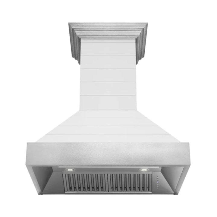 ZLINE 30" &amp; 36" Wooden Wall Mount Range Hoods in Rustic Shiplap Bright White with Stainless Steel Accents