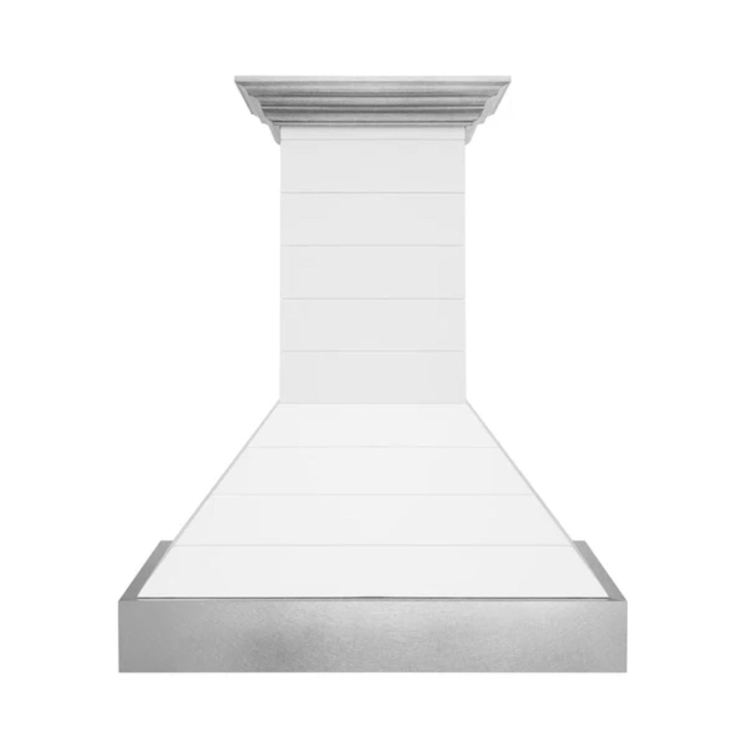 ZLINE 30" &amp; 36" Wooden Wall Mount Range Hoods in Rustic Shiplap Bright White with Stainless Steel Accents
