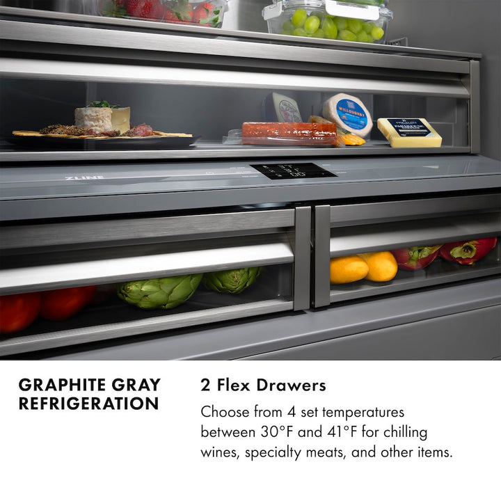ZLINE 36 in. 19.6 cu. ft. Panel Ready French Door Built-In Bottom Freezer Refrigerator with Water Dispenser and Ice Maker with Graphite Gray Interior, Open Box-Excellent Condition