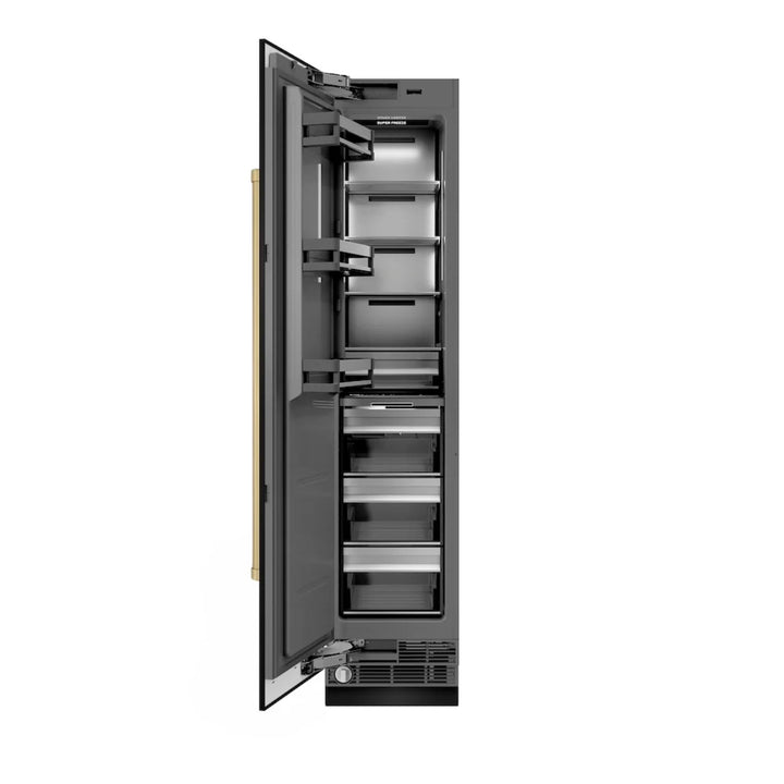 ZLINE Autograph Edition 18-Inch Left Hinge Column Freezer in Black Stainless Steel with Graphite Gray Interior and Polished Gold Accents