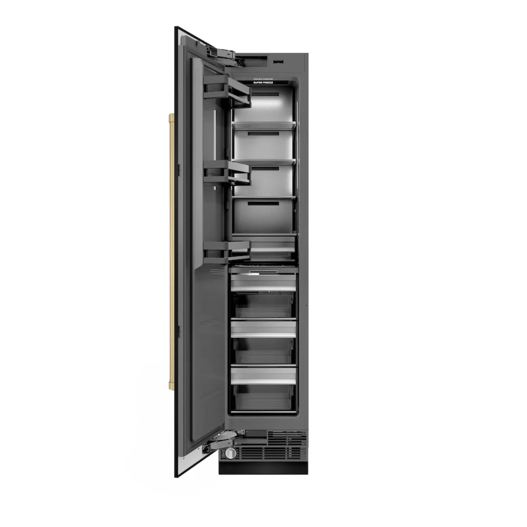 ZLINE Autograph Edition 18-Inch Left Hinge Column Freezer in Black Stainless Steel with Graphite Gray Interior and Champagne Bronze Accents