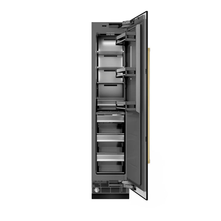 ZLINE Autograph Edition 18-Inch Right Hinge Column Freezer in Black Stainless Steel with Graphite Gray Interior and Polished Gold Accents