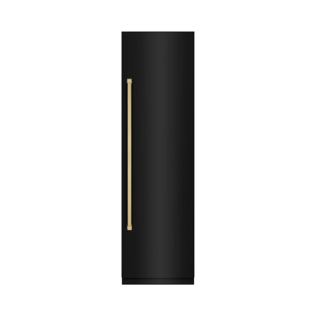 ZLINE Autograph Edition 24-Inch Column Refrigerator in Black Stainless Steel with Graphite Gray Interior and Polished Gold Accents