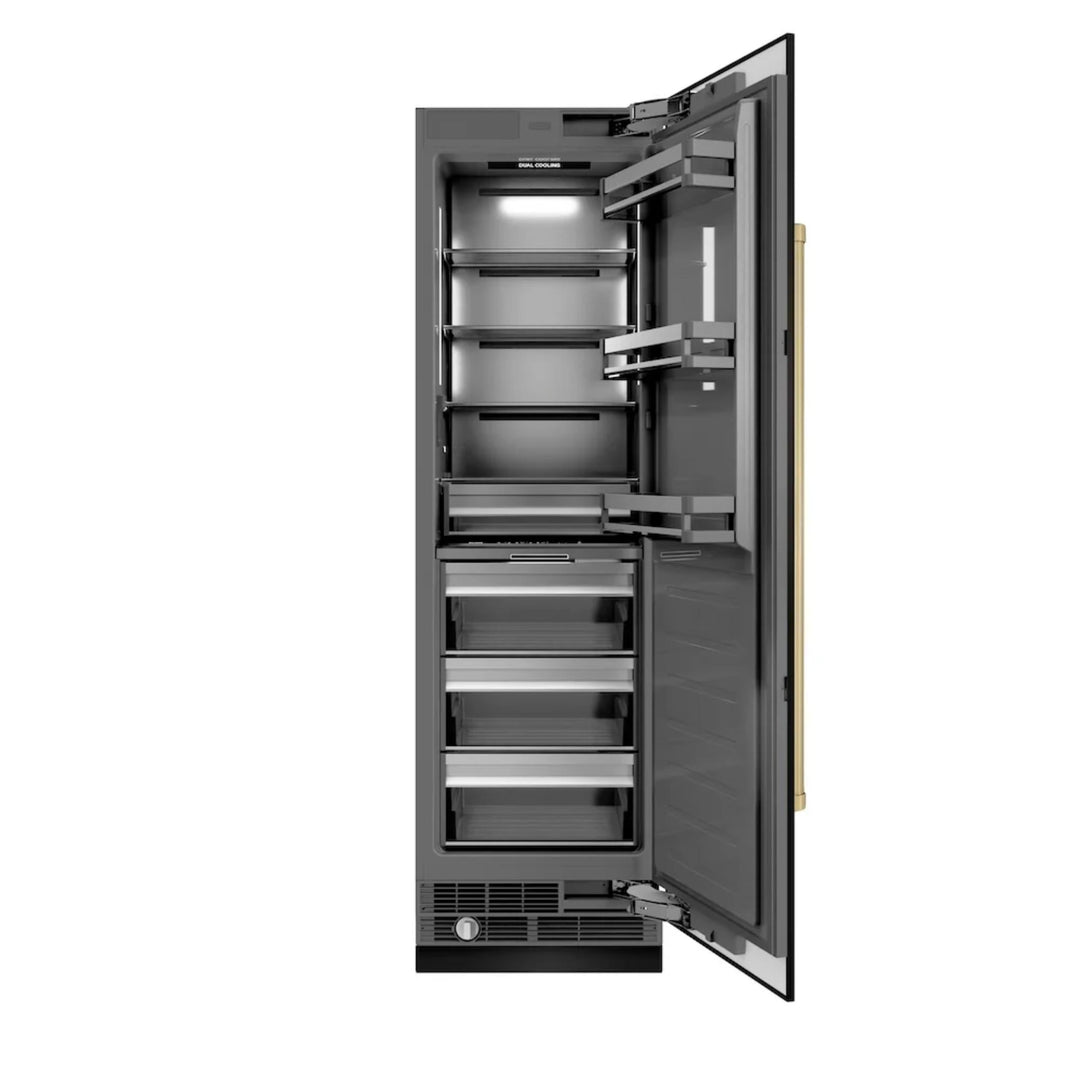 ZLINE Autograph Edition 24-Inch Column Refrigerator in Black Stainless Steel with Graphite Gray Interior and Polished Gold Accents