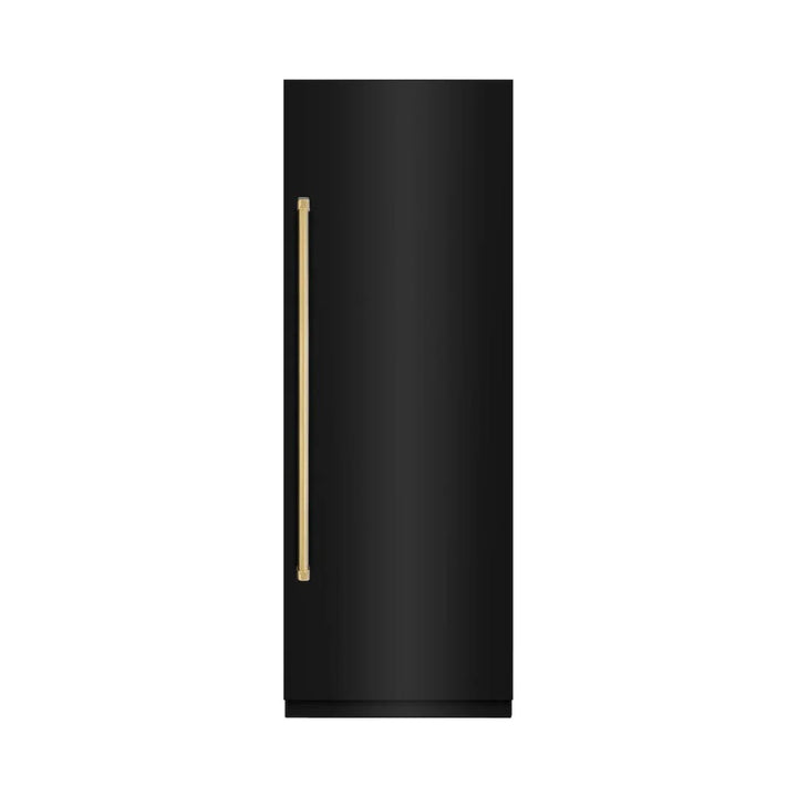 ZLINE Autograph Edition 30-Inch Column Refrigerator in Black Stainless Steel with Graphite Gray Interior and Polished Gold Accents