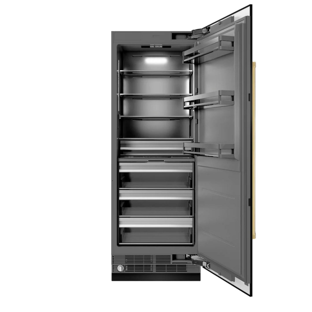 ZLINE Autograph Edition 30-Inch Column Refrigerator in Black Stainless Steel with Graphite Gray Interior and Polished Gold Accents