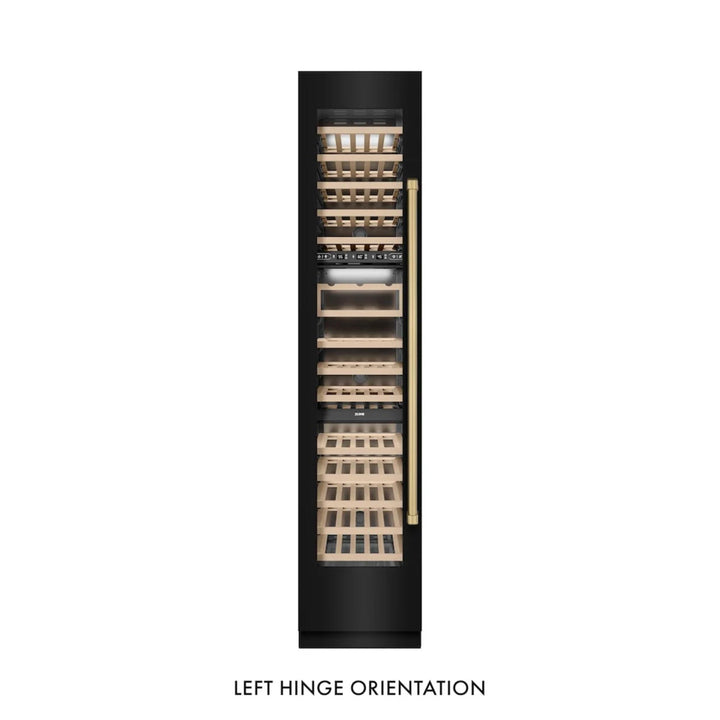 ZLINE 18-Inch 9.0 Cu. Ft. Autograph Edition Triple Zone Panel Ready Left Hinge Column Wine Cooler with Black Stainless Steel and Polished Gold Accents