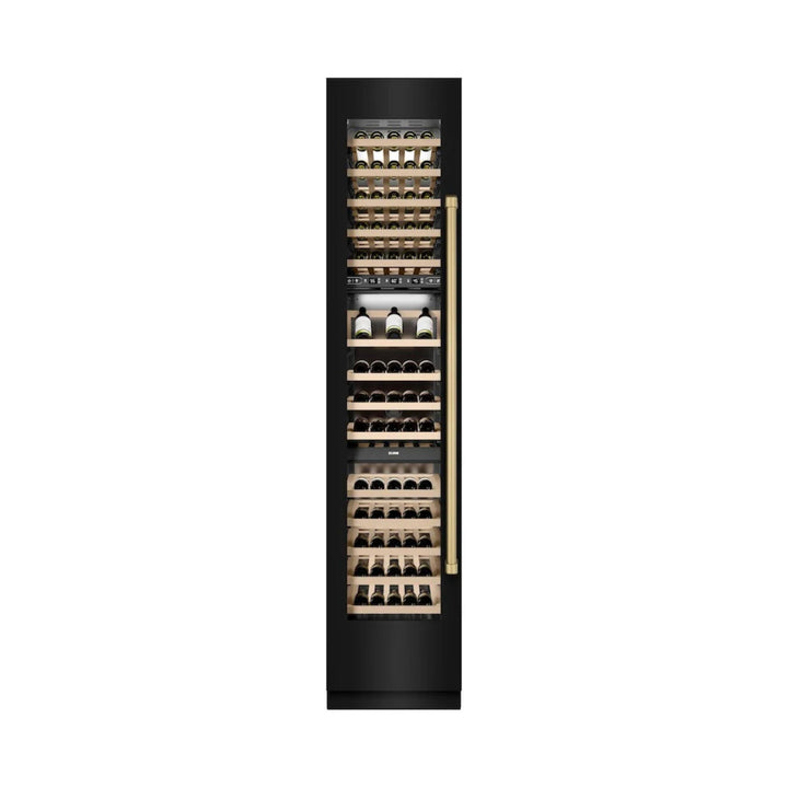 ZLINE 18-Inch 9.0 Cu. Ft. Autograph Edition Triple Zone Panel Ready Left Hinge Column Wine Cooler with Black Stainless Steel and Polished Gold Accents