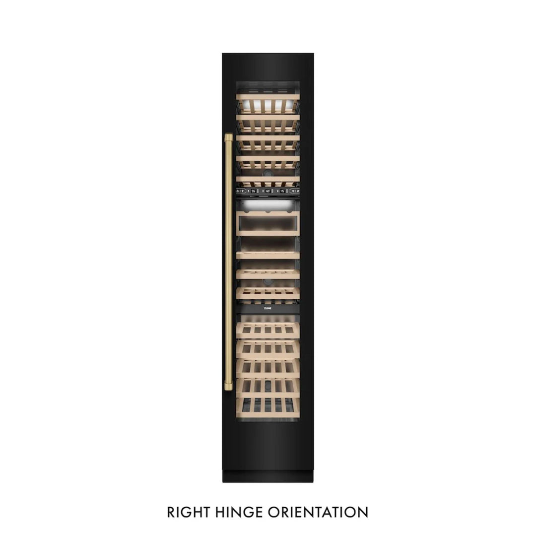 ZLINE Autograph Edition 18-Inch 9.0 Cu. Ft. Triple Zone Panel Ready Right Hinge Column Wine Cooler in Black Stainless Steel with Polished Gold Accents
