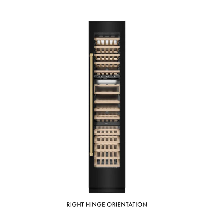 ZLINE Autograph Edition 18-Inch 9.0 Cu. Ft. Triple Zone Panel Ready Right Hinge Column Wine Cooler in Black Stainless Steel with Champagne Bronze Accents