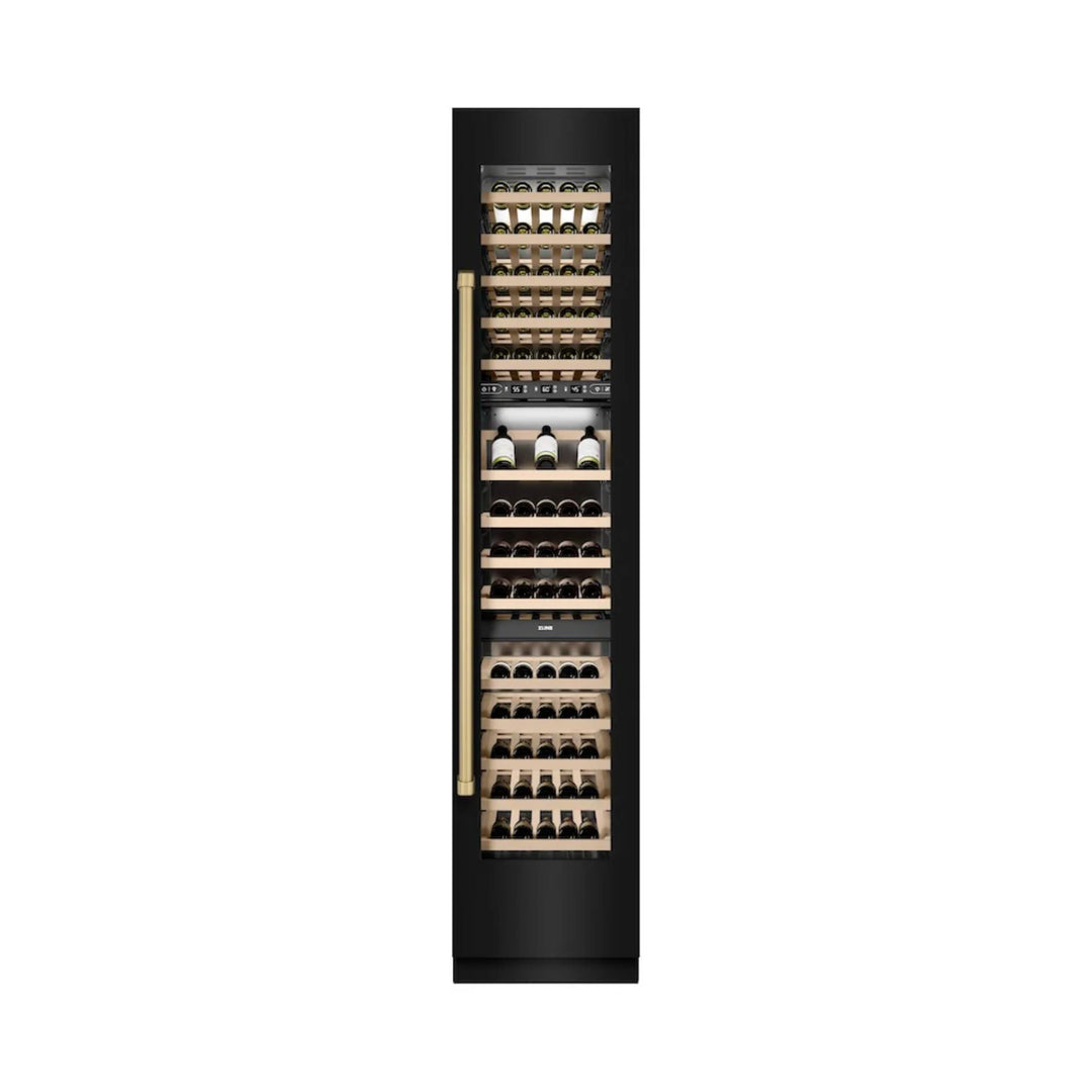 ZLINE Autograph Edition 18-Inch 9.0 Cu. Ft. Triple Zone Panel Ready Right Hinge Column Wine Cooler in Black Stainless Steel with Polished Gold Accents