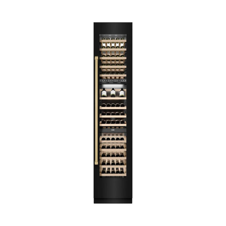 ZLINE Autograph Edition 18-Inch 9.0 Cu. Ft. Triple Zone Panel Ready Right Hinge Column Wine Cooler in Black Stainless Steel with Polished Gold Accents