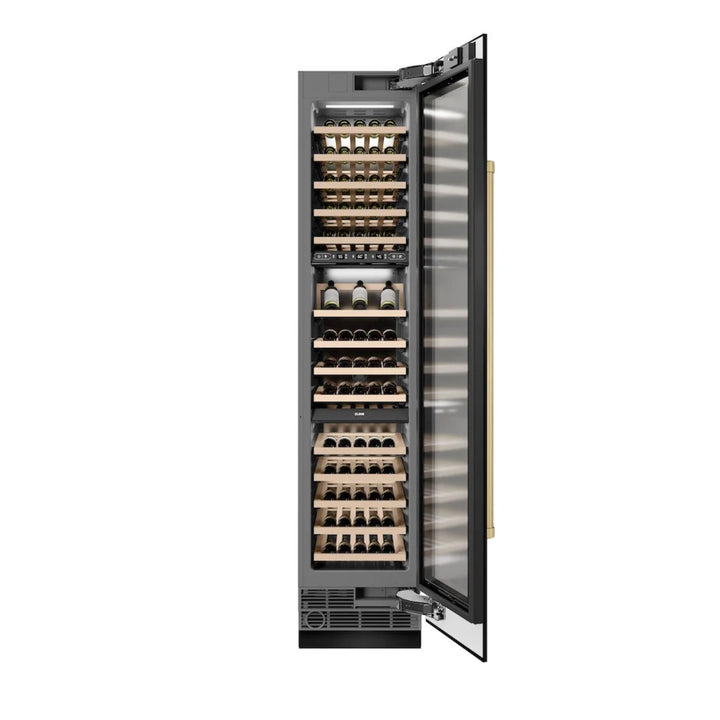 ZLINE Autograph Edition 18-Inch 9.0 Cu. Ft. Triple Zone Panel Ready Right Hinge Column Wine Cooler in DuraSnow® Stainless Steel with Polished Gold Accents