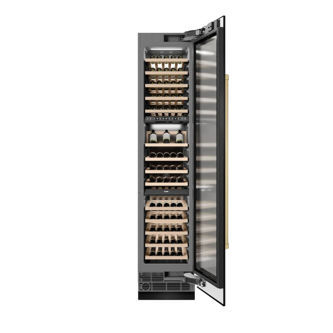 ZLINE Autograph Edition 18-Inch 9.0 Cu. Ft. Triple Zone Panel Ready Right Hinge Column Wine Cooler in Black Stainless Steel with Polished Gold Accents