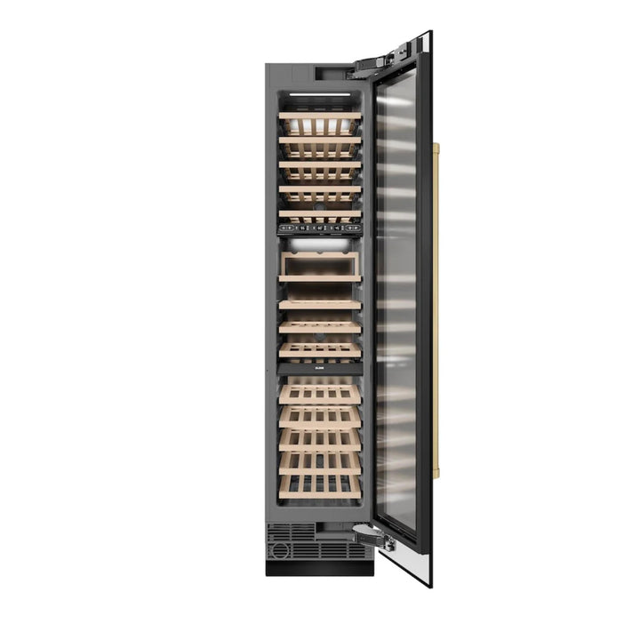 ZLINE Autograph Edition 18-Inch 9.0 Cu. Ft. Triple Zone Panel Ready Right Hinge Column Wine Cooler in Black Stainless Steel with Polished Gold Accents