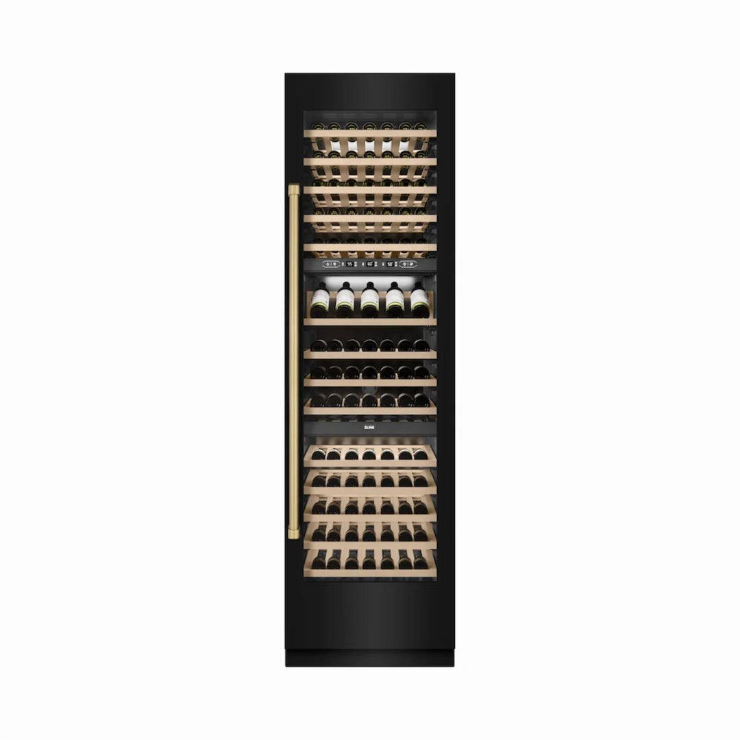 ZLINE Autograph Edition 24-Inch Triple Zone 100 Bottle Column Wine Cooler in Black Stainless Steel with Polished Gold Accents