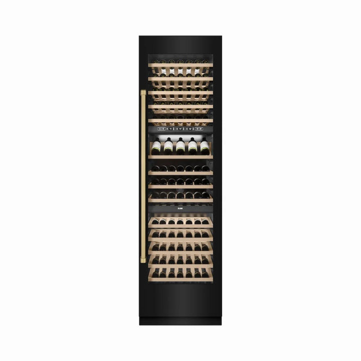 ZLINE Autograph Edition 24-Inch Triple Zone 100 Bottle Column Wine Cooler in Black Stainless Steel with Polished Gold Accents
