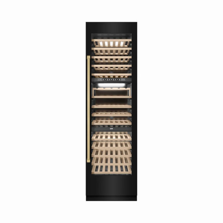 ZLINE Autograph Edition 24-Inch Triple Zone 100 Bottle Column Wine Cooler in Black Stainless Steel with Polished Gold Accents