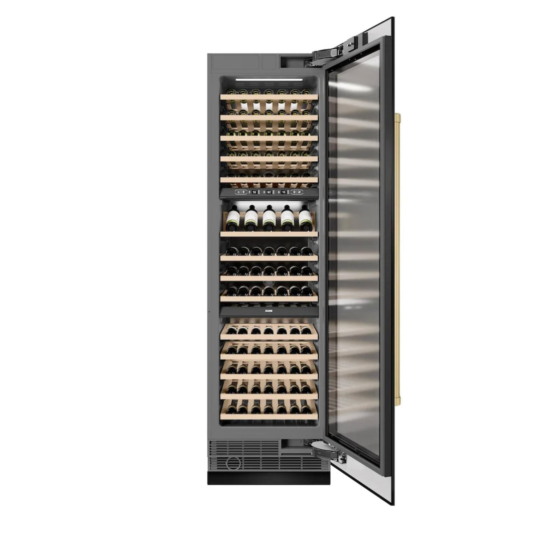 ZLINE Autograph Edition 24-Inch Triple Zone 100 Bottle Column Wine Cooler in Black Stainless Steel with Polished Gold Accents