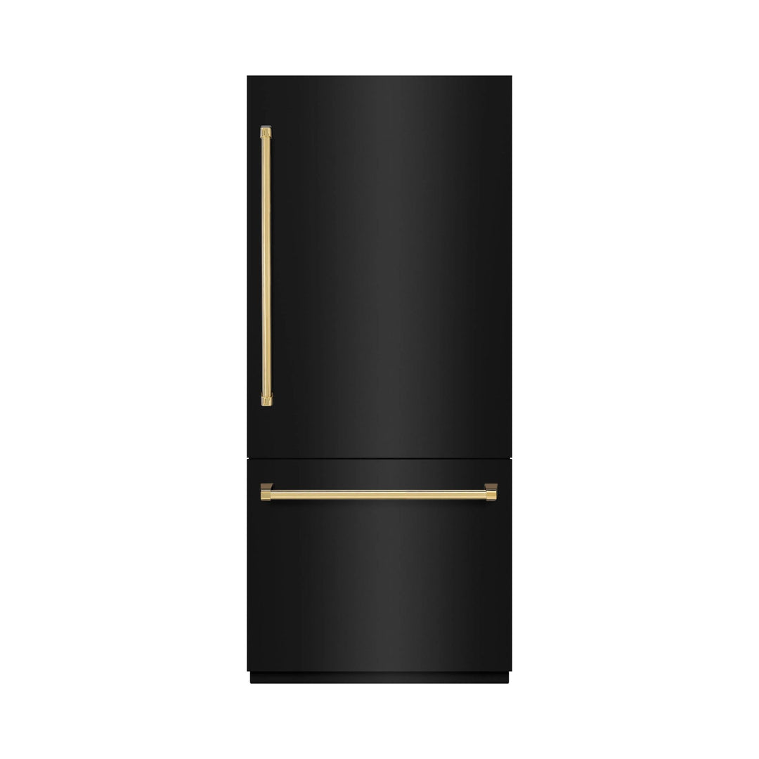 ZLINE Autograph Edition 36" Built‑In Bottom‑Freezer Refrigerator — Black Stainless with Champagne Bronze Accents and Polished Gold Accents.