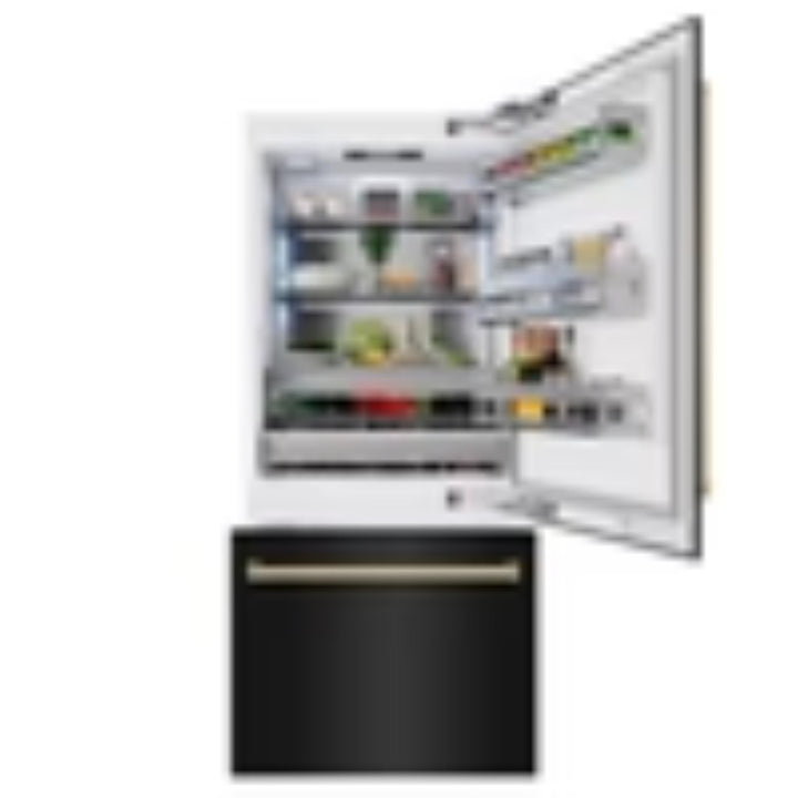 ZLINE Autograph Edition 36" Built‑In Bottom‑Freezer Refrigerator — Black Stainless with Champagne Bronze Accents and Polished Gold Accents.