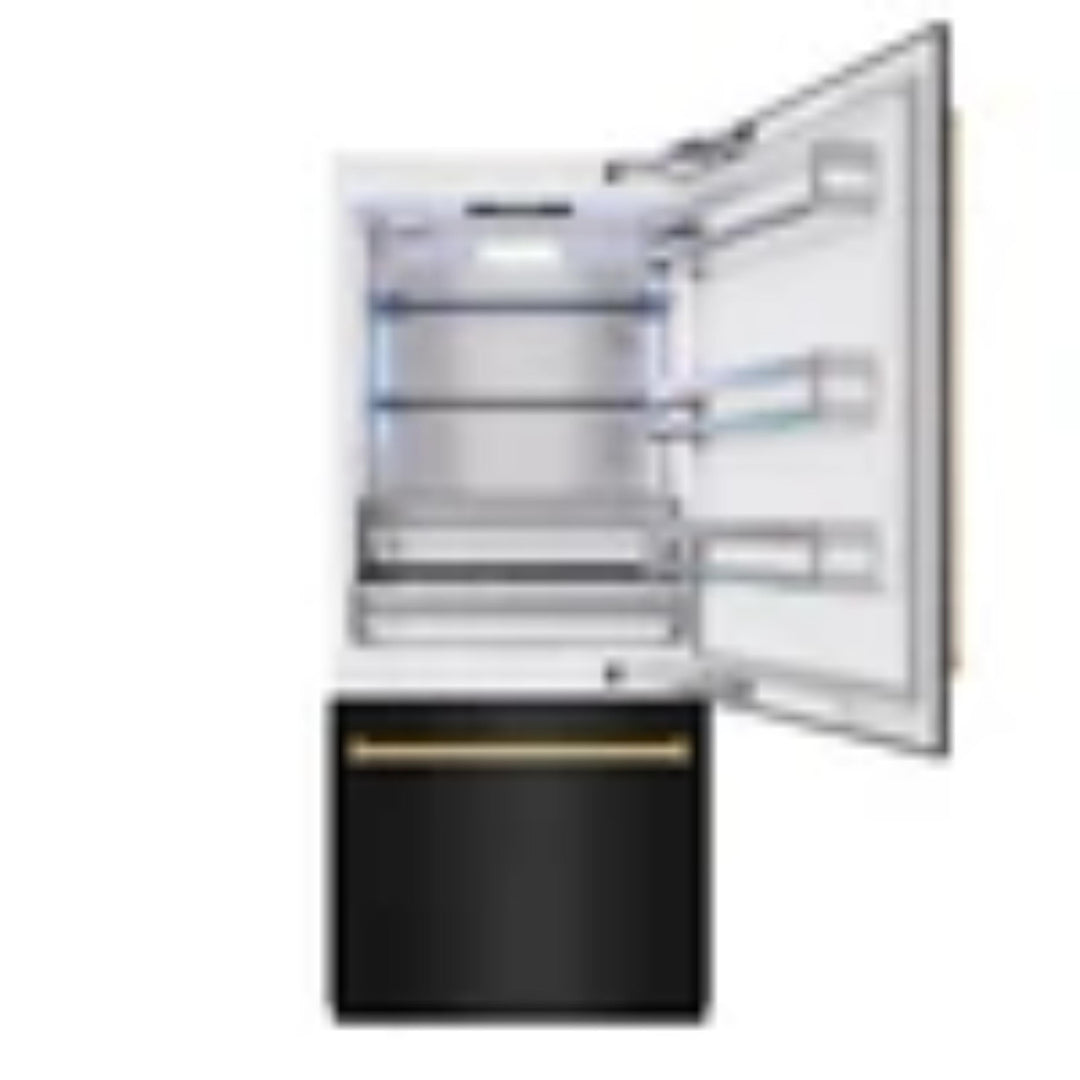 ZLINE Autograph Edition 36" Built‑In Bottom‑Freezer Refrigerator — Black Stainless with Champagne Bronze Accents and Polished Gold Accents.