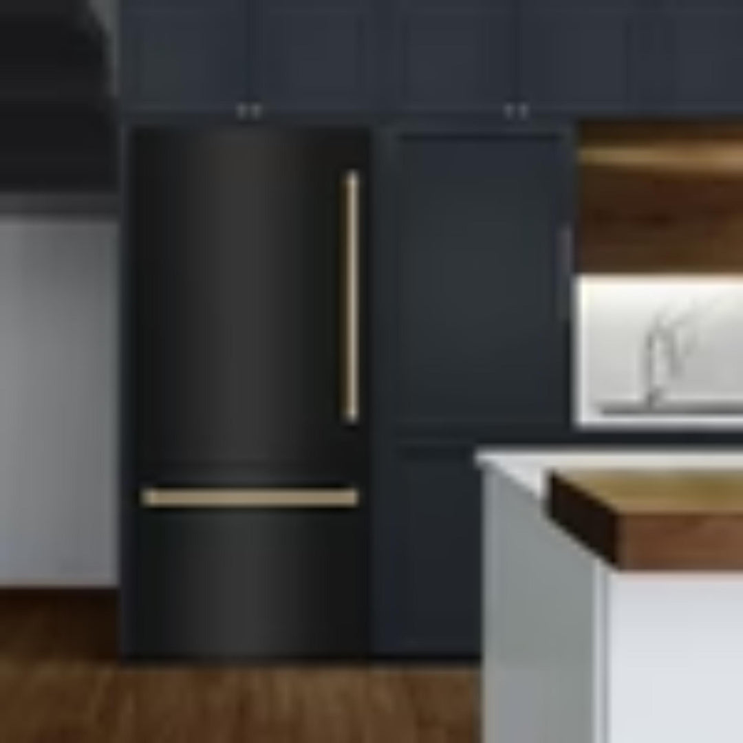 ZLINE Autograph Edition 36" Built‑In Bottom‑Freezer Refrigerator — Black Stainless with Champagne Bronze Accents and Polished Gold Accents.