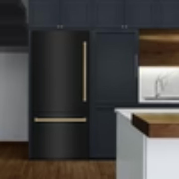 ZLINE Autograph Edition 36" Built‑In Bottom‑Freezer Refrigerator — Black Stainless with Champagne Bronze Accents and Polished Gold Accents.